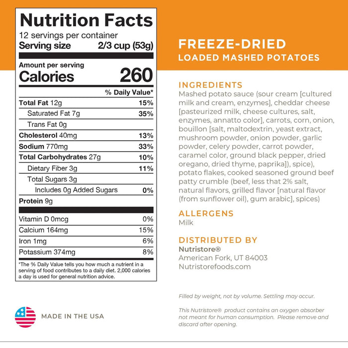Nutristore Freeze Dried Loaded Mashed Potatoes Nutrition Facts