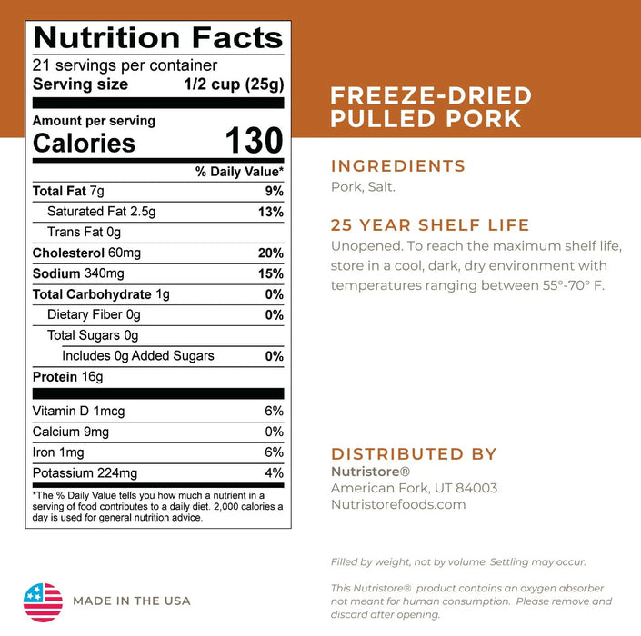 Nutristore Freeze Dried Pulled Pork Nutrition Facts