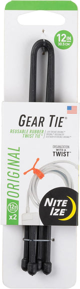 Black Nite-Ize Gear Tie | 12" Reusable Rubber Twist Tie | 2 Pack