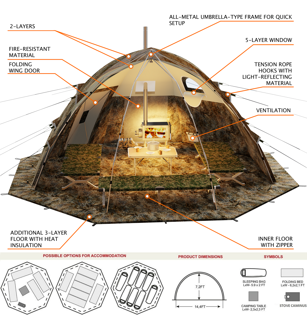 Russian Bear "UP-5" Woodstove Tent with DOOR |  3-8 person