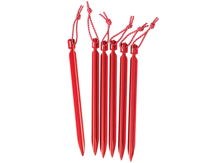 5 red camping stakes from the Groundhog Kit V2.