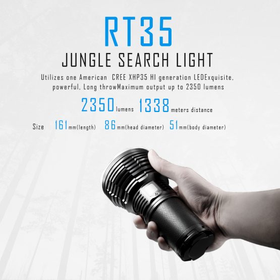 RT35 Jungle Search Light being held by a person, the Cree Hi LED Bulb is large in the persons hand.