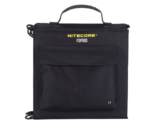 Nitecore PSP100 carrying case in black with yellow and white lettering. A front pouch is shown for the power cable and other supplies.