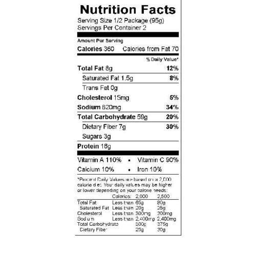 Nutrition Facts of Backpackers Pantry: Beef and Broccoli Stir fry. '306 calories' '8g fat' '15mg cholesterol' '820 mg sodium' '59g carbohydrate' '16g protein' '110% vitmain a' '90 % vitamin c' '10% calcium' '10% iron'
