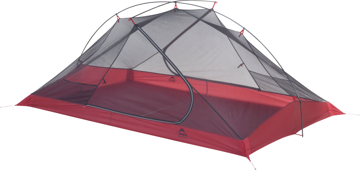 The bug meshing of the MSR Carbon Reflex 2 person tent. The bottom base of the tent is a deep red and the mesh is black.