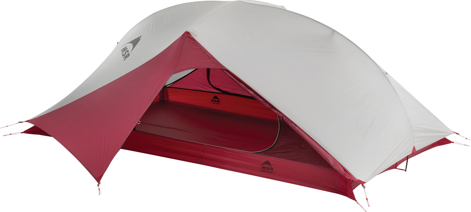 The opened entry way fo the MSR Carbon Reflex ultralight 2-person tent.
