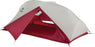 Freelight Ultralight 2 person backpacking pent in light grey and red showcasing the sheltered entry way.