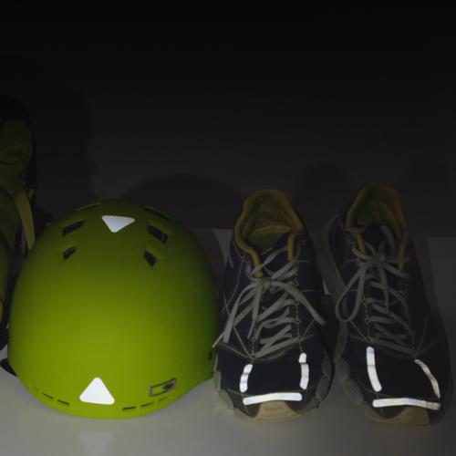 Gear Aid Tenacious reflective patches on shoes and a biking helemt, glowing-reflecting in the dark.