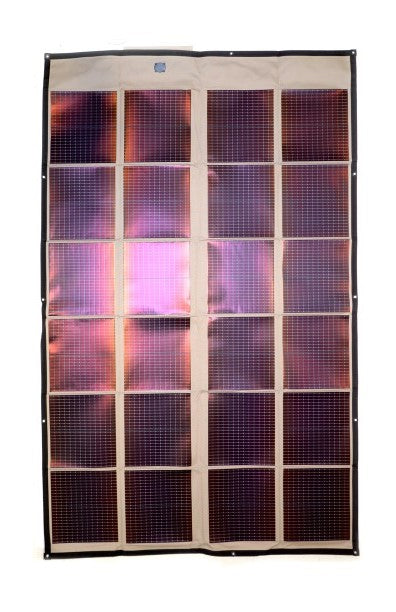 Powerfilm 120 watt foldable Solar panels laid out on a white background