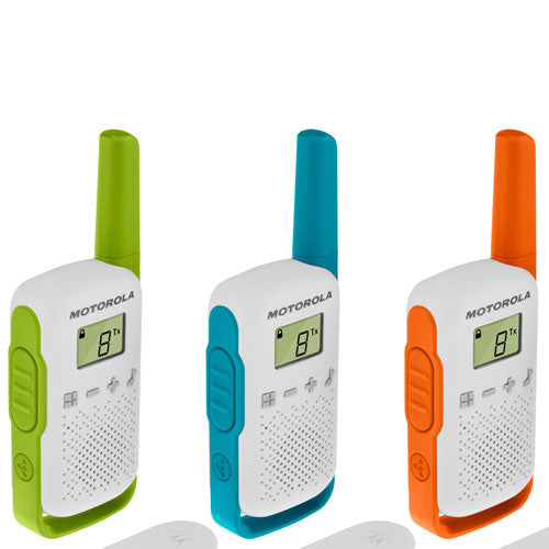 Motorola T100 Radio 3 pack, each radio is a different colour, green, blue and orange. 