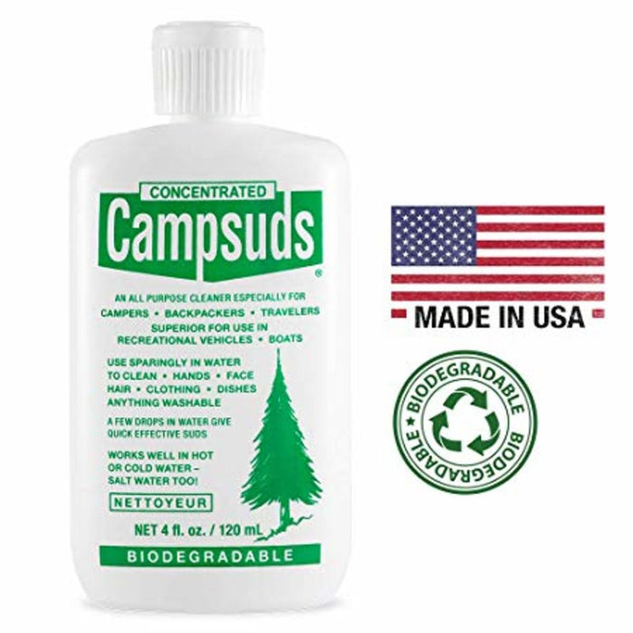 Sierra Dawn Concentrated Campsuds bottle with logos: 'Made in USA' with united states flag and the 'Biodegradable' Stamp of approval. The campsuds bottle has the description:  'All purpose cleaner especially for campers - Backpackers - travelers - superior for use in recreational vehicles - boats'.