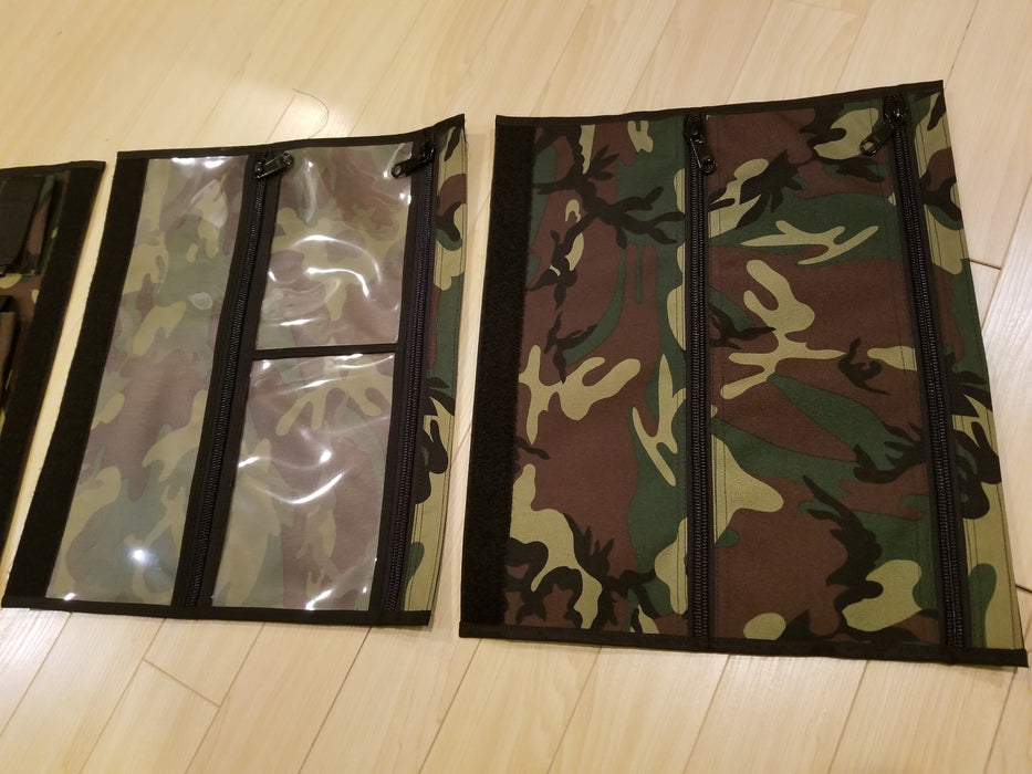 A Vinyl Mod laid next to an army green camo cordura mod for the Bug Out Roll from Canadian Prepper.