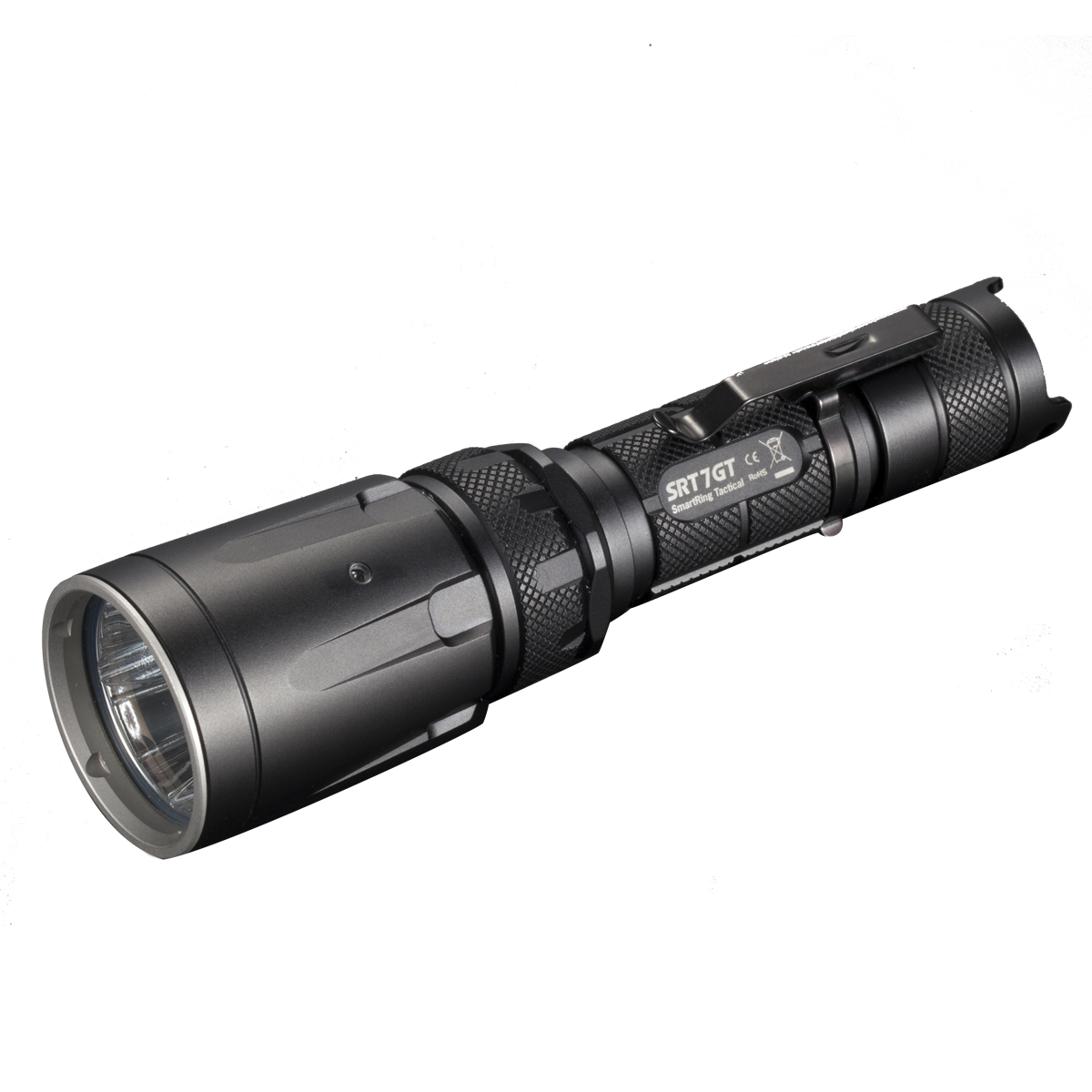 Nitecore SRT 7GT Multicolored Tactical Flashlight in black with a belt clip on the body.