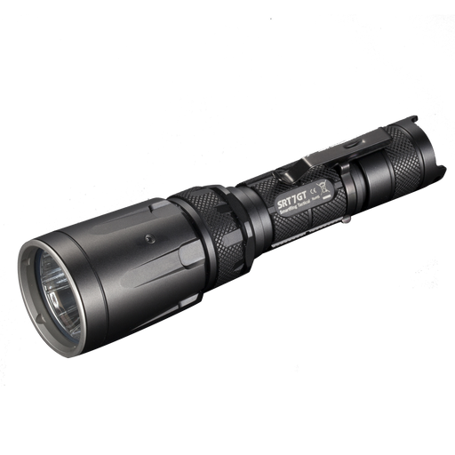 Nitecore SRT 7GT Multicolored Tactical Flashlight in black with a belt clip on the body.