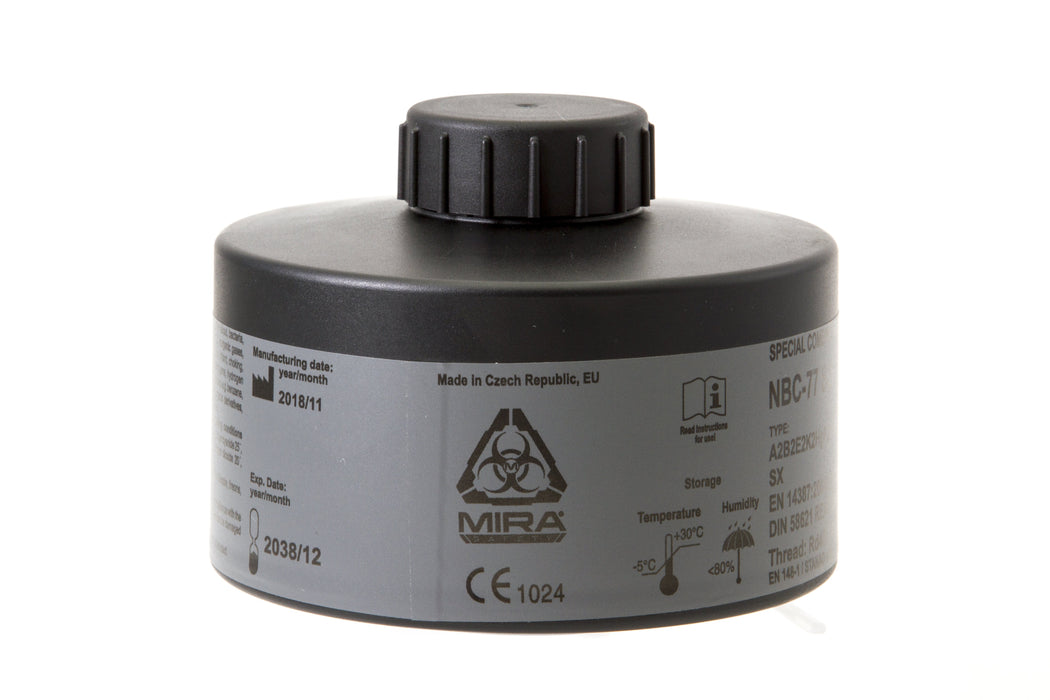 Mira Safety NBC-77 Filter used for Chemical, Biological, Radiological, and Nuclear (CBRN) filtration..