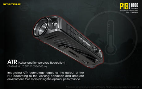 ATR (Advanced Temperature Regulation) of the Nitecore p18 1800 lumen tactical flashlight. Soldiers, helicopters and a thermal icon show in the background.
