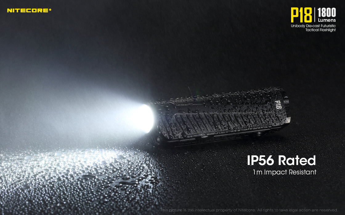 Nitecore p18 ip56 rated with 1m impact resistance. The flashlight is shown on a wet sufrace being rained on.