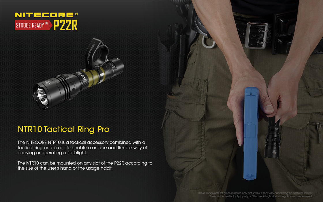 A person holding a glock pistol and a Nitecore p22r tactical flashlight using the NTR10 tactical ring pro loop to hold the flashlight with the pistol.
