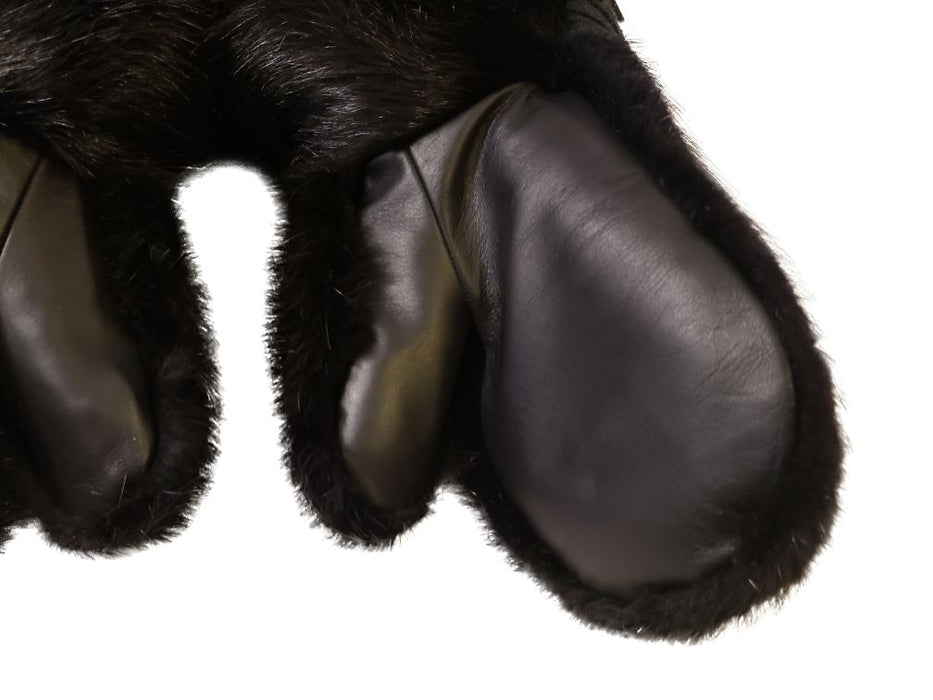An up close view of the 100% Leather Palms of the Mens Black Beaver Fur Mitts Sheepskin Liner.