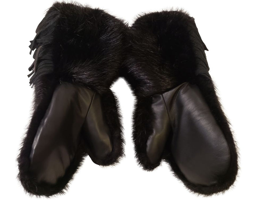 Inside view of two Black Beaver Fur Mitts with a sheepskin liner. 