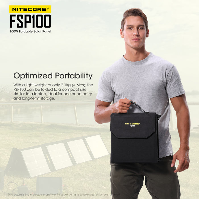 A man in a grey shirt holding a FSP100 foldable solar panel in it's black compact carrying case. A faded image of the Fold out solar panel is structured like a pyramid.