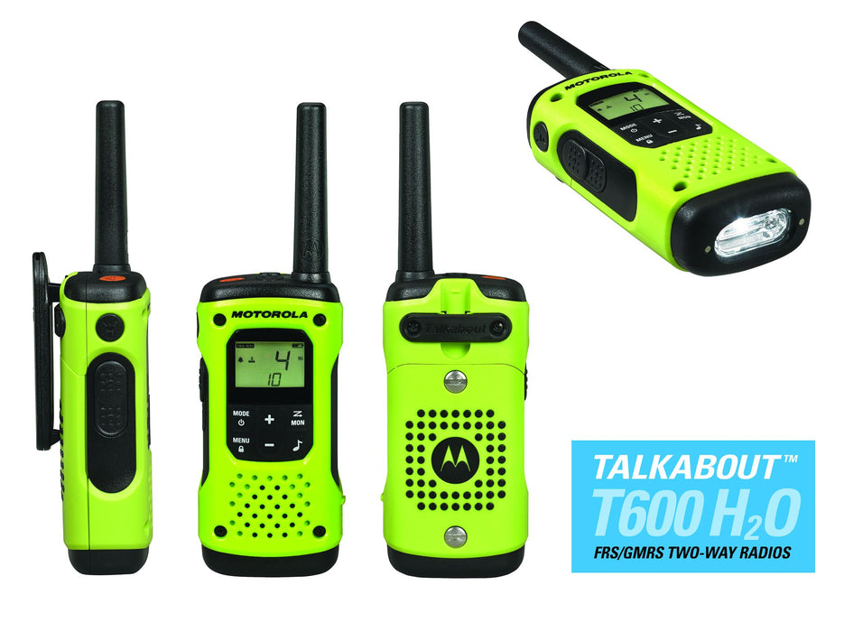 Motorola Talkabout T600 H20 Two-way Radio in a lime green body and black buttons. There is a led flashlight built in to the walkie talkie's bottom.