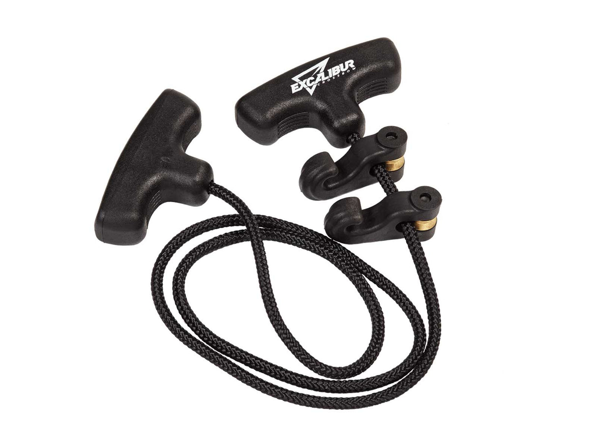 Excalibur Crossbow Cocking Aid Kit with T-Handles in black on a white background. The drawcord is looped and the logo 'Excalibur' is shown in white on one of the black handles.