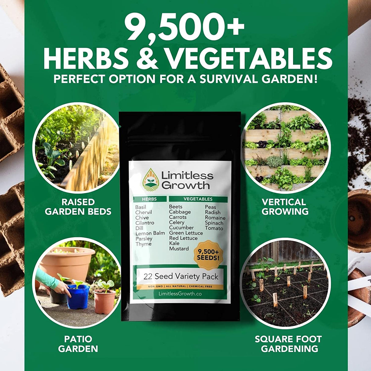 Limitless Growth 22 Vegetable & Herb Seed Varieties Pack | 9,500+ Seeds