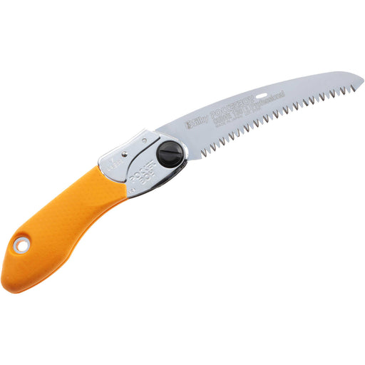 Curved Silky Pocketboy 130mm Mini saw with an orange handle.