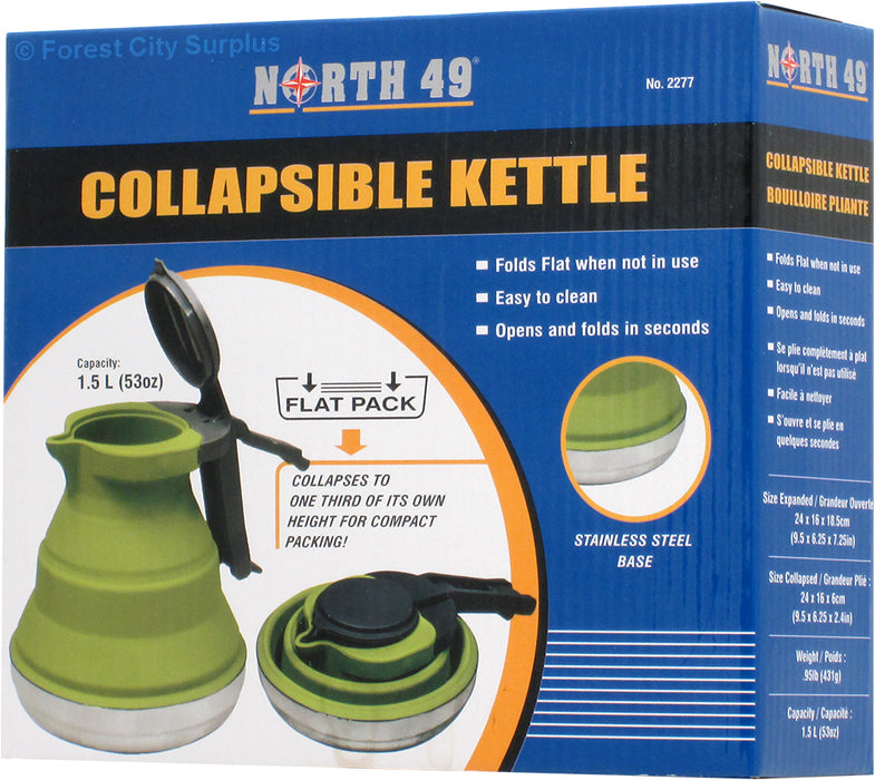 Porduct packaging of the North 49 Collapsible Kettle. Descriptions 'Folds Flat when not in use' 'Easy to clean' 'Opens and folds in seconds' and 'stainless steel base' are shown on the front. The product package is blue with orange and white typography.