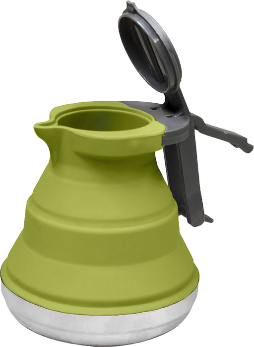 Lime green stainless steel bottom collapsible kettel with the lid open in grey. The plastic handle, folding rings the nose of the kettle are shown.