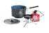 MSR WindBurner Group Stove System, with the black coloured cermaic cooking pot that nests inside the camping stove to be secure during wind and bad weather. The red ISOPRO propane tank is connected to the camp stove and the pot lid is laid beside.