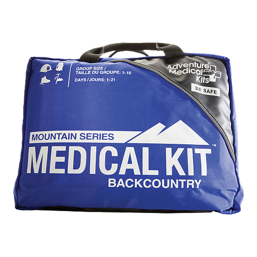 Front of the Mountain Series Medical Kit Backcountry bag with labels 'group size: 1-10' and 'Days: 1-21' in blue and black.
