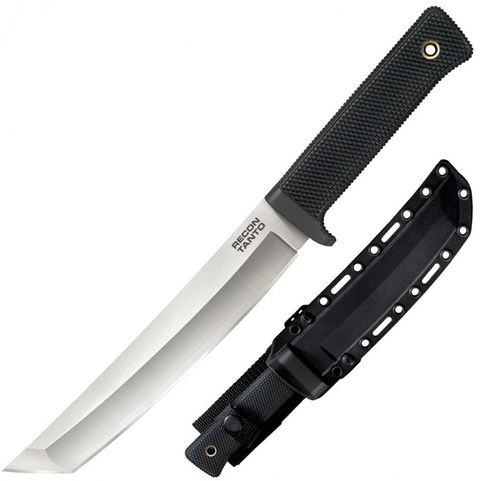 Cold Steel Recon Tanto in San Mai on a white background, placed beside the knife concealed in it's belt looped sheath. The knife has the 'Recon tanto' text printed on the blade near the handle guard.. On a white background.