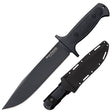 The Cold Steel Drop Forged Survivalist (High Carbon) Knife in Black on a White background. On the blade reads the description: 'Drop Forged Survivalist'. The knife is shown alone and concealed in the Secure-ex Sheath.