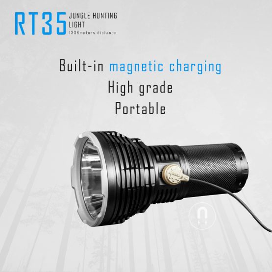 RT35 Jungle Hunting Light with built-in magnetic charging port, the charging cable is magnetically attached to the base.
