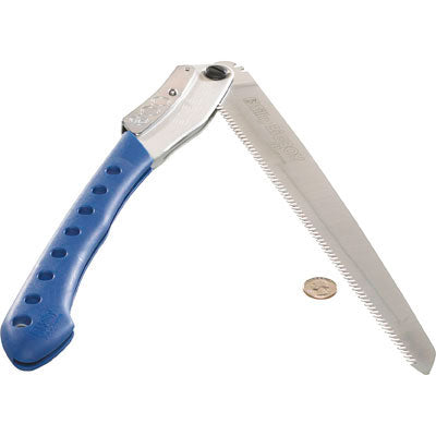 Bigboy Fine Teeth top down view of the folded saw open 45 degrees. Beside it is an American quarter to help scale the saw blade grooves. Handle of the blade is a royal blue.