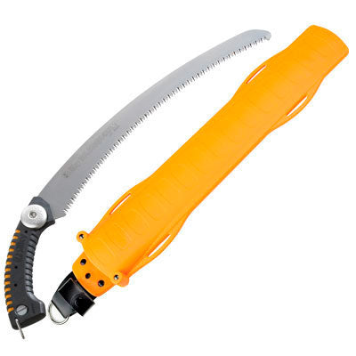 Silky Sugoi 420mm Saw with orange coloured sheath on a white background. The saw has a black and orange rubber gripped handle and the keychain loop is at the butt of the blade handle.