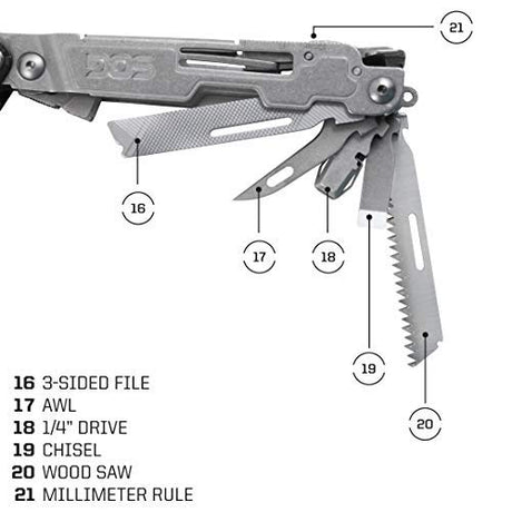 3-sided file, AWl, 1/4" Drive, Chisel, Wood Saw and Millimeter rule of the SOG Delux Multi tool in stainless steel.