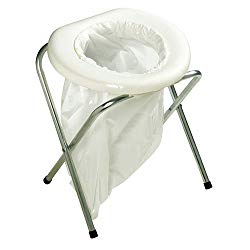 Portable Folding Toilet with waste bag attached.