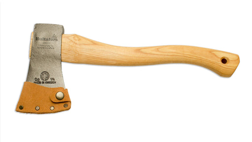 Hultafors Hatchet H 006 Sv with the Sheath placed on the Hatchet head. The shaft is made of hickory and the axe head is a light gun metal grey with the Hultafors logo printed on it.