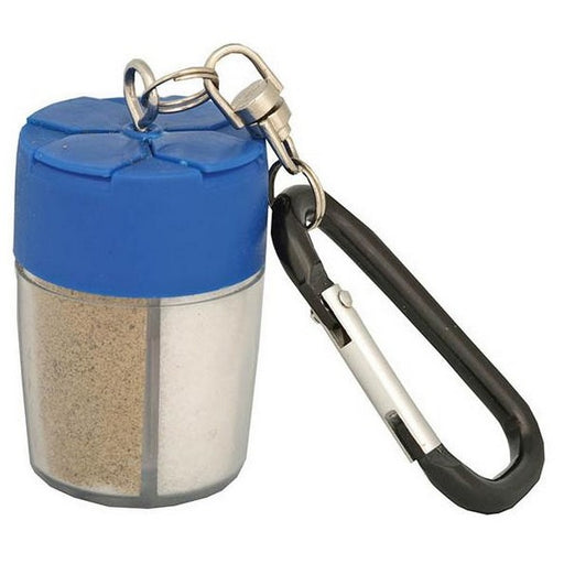 Mini Spice bottle with blue lide and attached carbiner key chain. Inside the bottle is a compartment of salt and a seperate compartment of pepper.