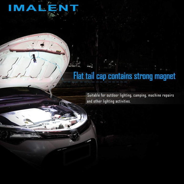 The Imalent DM70 4500 lumen flashlight's Magnetic backing being used to attach to a car hood roof to light up the engine at night.