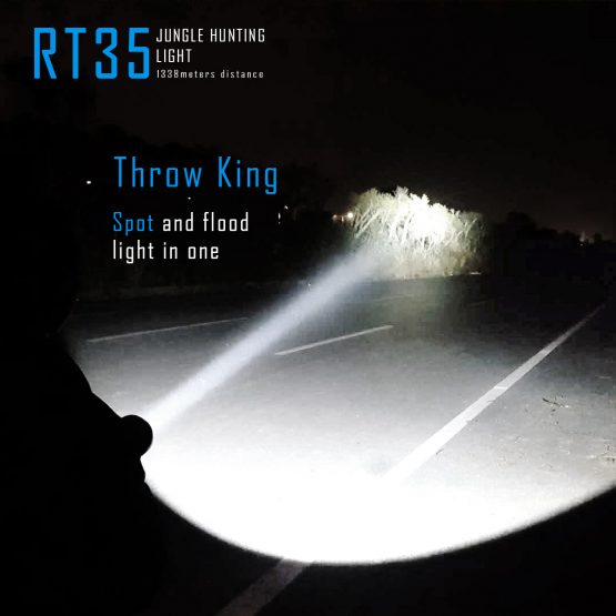 The Rt35's spot and flood light in one ability at night on a paved road.