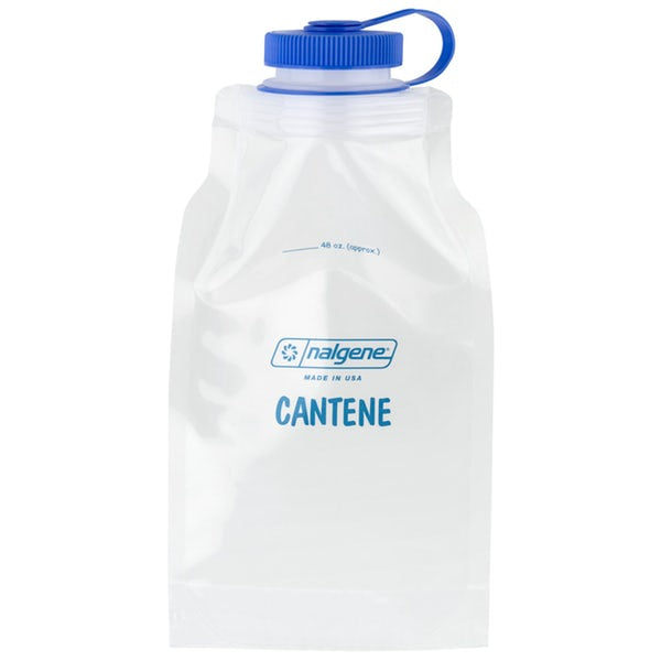 Nalgene Cantene 1.4 Litre Collapsible Water Bottle in clear bpa free material. The cap is blue and the nalgene cantene text on the bottle is also blue.