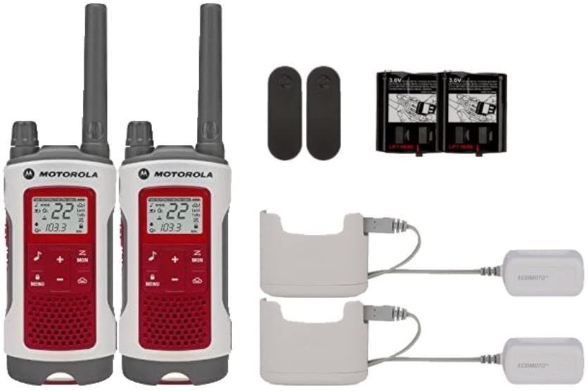 Two Motorola Talkabout T480 Emergency radios in first aid red and white, with a black antenna and tuner dial. Two batteries and two charging docks in white are shown.