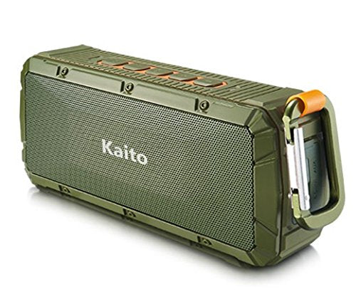 Kaito V3 Ruggedized Waterproof Outdoor Speaker in Green with orange accents, the speaker is attached with a carabiner for cliping to bags and other areas.
