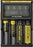A 650mAh, 750mAh, IMR18650 30A, and 2600mAh Nitecore rechargeable battries being charged by the D4 Multbattery Digicharger. The batteries and charging base are black with yellow stripes.