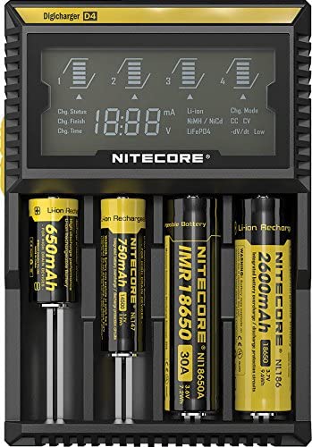 A 650mAh, 750mAh, IMR18650 30A, and 2600mAh Nitecore rechargeable battries being charged by the D4 Multbattery Digicharger. The batteries and charging base are black with yellow stripes.