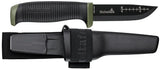 Hulfators Outdoor Knife OK4 with black plastic sheath and a belt loop. The knife is black with green details on the end and finger guard. A measurement chart is presented on the blade.